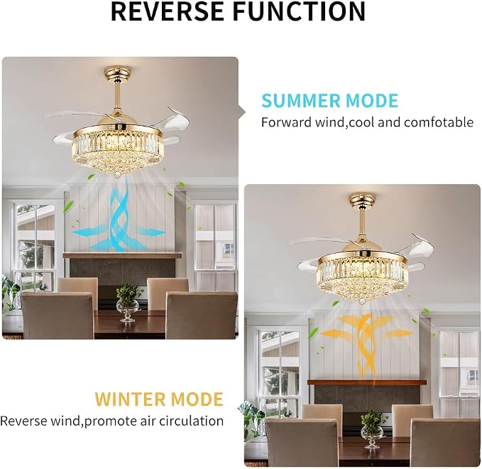 48 Inch Fandelier Ceiling Fans with Light, Chandelier Ceiling Fan, Retractable Crystal Ceiling Fan for Bedroom, Living Room, 3 Color Change, LED Dimmable, 6 Speeds, Reversible DC Motor-Gold