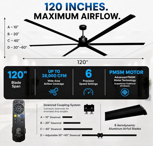 120-Inch HVLS Industrial Ceiling Fan +28,000 CFM Large Commercial Ceiling Fan with Remote, PMSM Motor, 6 Speeds, Reversible, for Warehouse, Gym, Barn, Shop, Garage | AA-Orion 120" (Black)