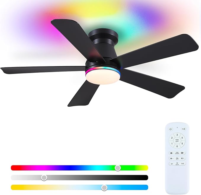 Hounberi 46 Inch Flush Mount Ceiling Fan with RGB Light and Remote, Modern Black Low Profile Ceiling Fan for Low Ceilings, 3CCT Dimmable LED, 6 Speeds Quiet Reversible Motor for Bedroom & Living Room
