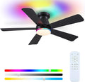Hounberi 46 Inch Flush Mount Ceiling Fan with RGB Light and Remote, Modern Black Low Profile Ceiling Fan for Low Ceilings, 3CCT Dimmable LED, 6 Speeds Quiet Reversible Motor for Bedroom & Living Room