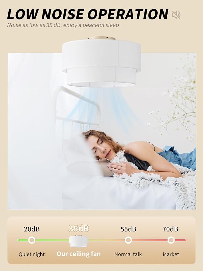 SYDACG Ceiling Fan with Lights Low Profile, 20" Flush Mount Boho Ceiling Fan with Light Remote Control, Bladeless Rattan 6 Speeds for Bedroom, Living Room, Nursery