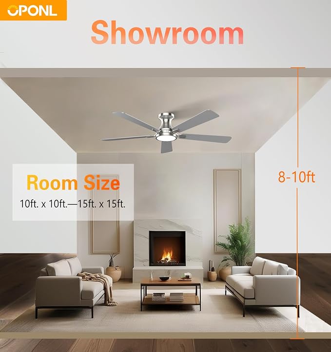 OPONL Ceiling Fan with Light, 52 inch Low Profile Ceiling fan with Light and Remote Control, Reversible, 6CCT, Dimmable, Noiseless, Nickel Ceiling Fan for Bedroom, Indoor/Outdoor Use, Modern