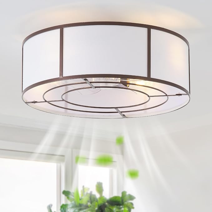 hummingbird 20inch Low Profile Caged Ceiling Fans with Lights, Flush Mount Ceiling Fan with Lights and Remote, Bladeless Modern Enclosed with 6 Speeds for Bedroom, Kitchen, Brown