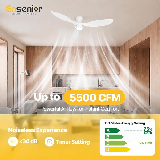 Ensenior 52 Inch Flush Mount Ceiling Fan with Light and Remote, Black Low Profile Ceiling Fans with Lights for Bedroom Living Room, 3 ABS Blades, Modern Quiet Reversible DC Motor, 3CCT, 6 Speeds