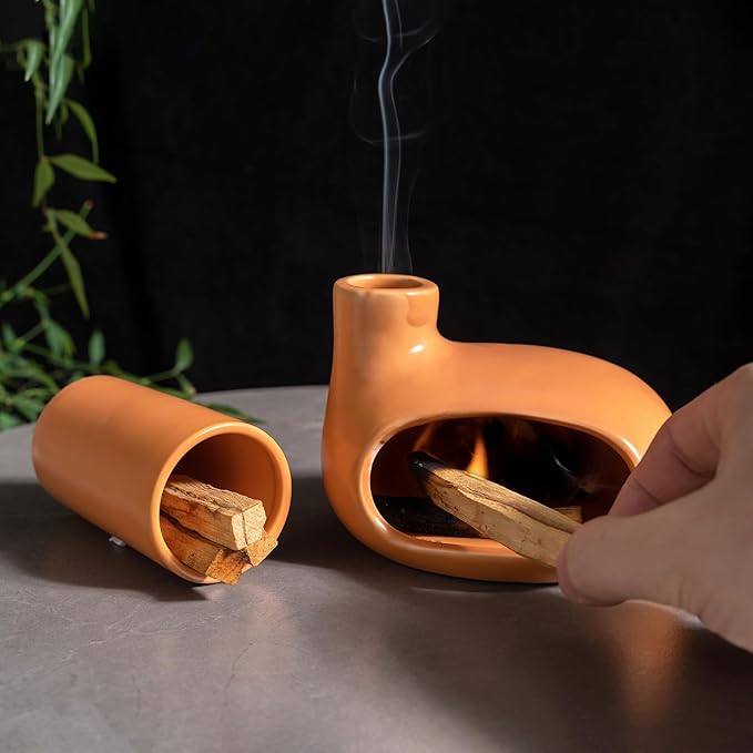 MOUGIGI Palo Santo Holder Set with 3 Matchstick Holders - Modern Handcrafted Ceramic Incense Burner with Chiminea, Perfect for Meditation - Smudge Bowl for Palo Santo Sticks, Sage, and Cones.