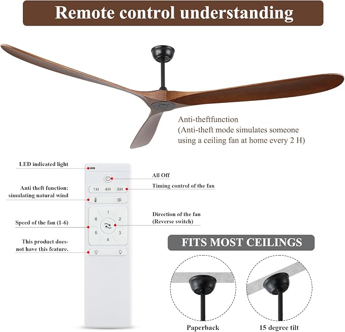 88" Ceiling Fan, Extra Large No Lights, 3 Wood Walnut Blades, DC Motor, Reversible Propeller Outdoor Ceiling Fan for Patios, Exterior House Porch, Farmhouse Gazebo with Remote Control