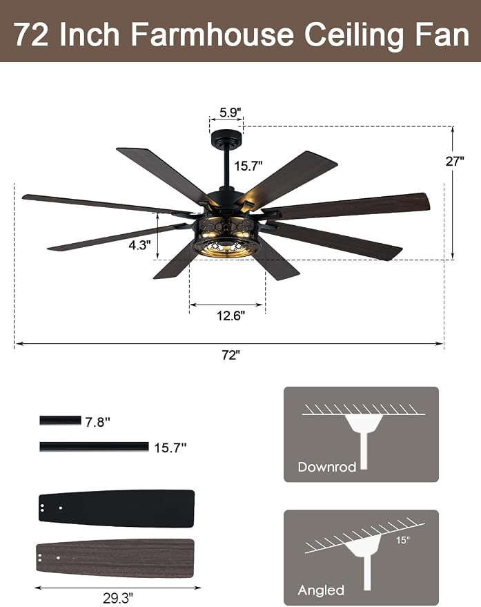 72" Farmhouse Ceiling Fan with Lights Remote Rustic Ceiling Fan | Black Caged Fandelier Large Industrial Chandelier for Living Room Indoor Covered Outdoor, Reversible Quiet DC Motor 6 Speeds