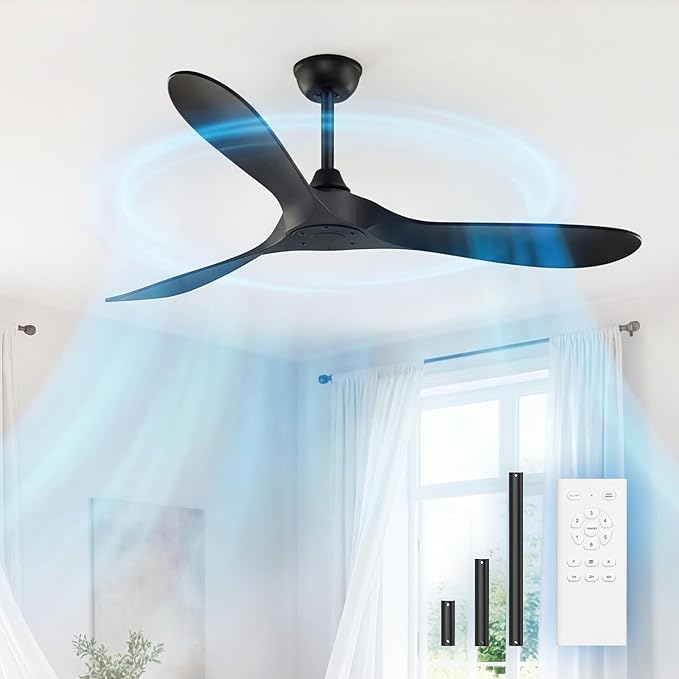 Obabala Black Ceiling Fan No Light, 52" Outdoor Fans for Patios/Porch/Bedroom/Kitchen with Remote, Noiseless, 3 Downrods, 6 Speed, Reversible DC Motor, Modern, 3 Blades, Timer