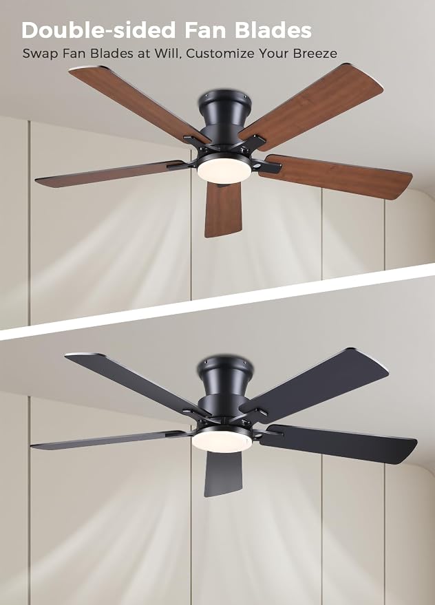 JSAITEE 52Inch Ceiling Fan with Lights Flush Mount Low Profile Brown | Ceiling Fans,DC Reversible Motor, 3CCT Dimmable, Fan for Indoor Bedroom/Outdoor, Brown