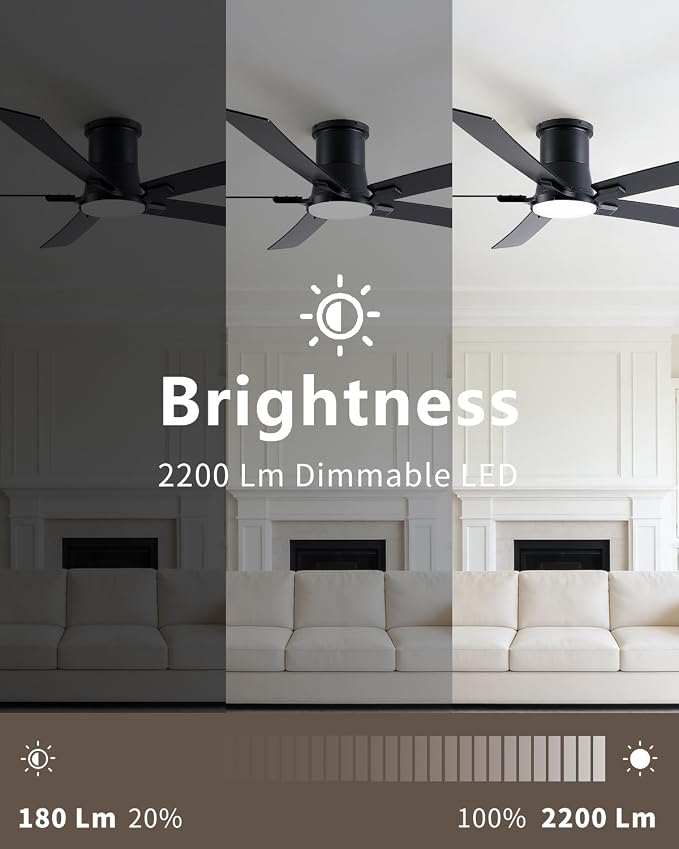 60 Inch Black Flush Mount Ceiling Fans with Lights and Remote | 3CCT Dimmable LED, 6 Speed, Quiet DC Motor, 3-Level Timer Function, Forward/Reserve For all Seasons, Indoor/Covered Outdoor