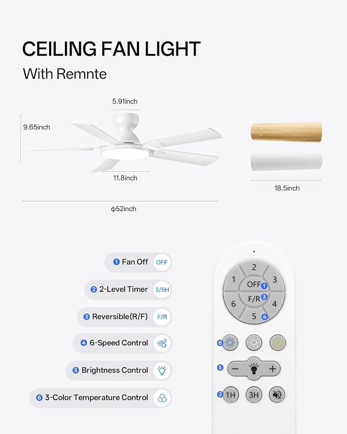 Homelist Ceiling Fans with Lights 52 Inch, Low Profile Flush Mount Fan, Quiet 6 Speeds DC Reversible Motor, 3CCT Dimmable LED, Remote Control for Living Room, Bedroom, Kids Room, Cloud White