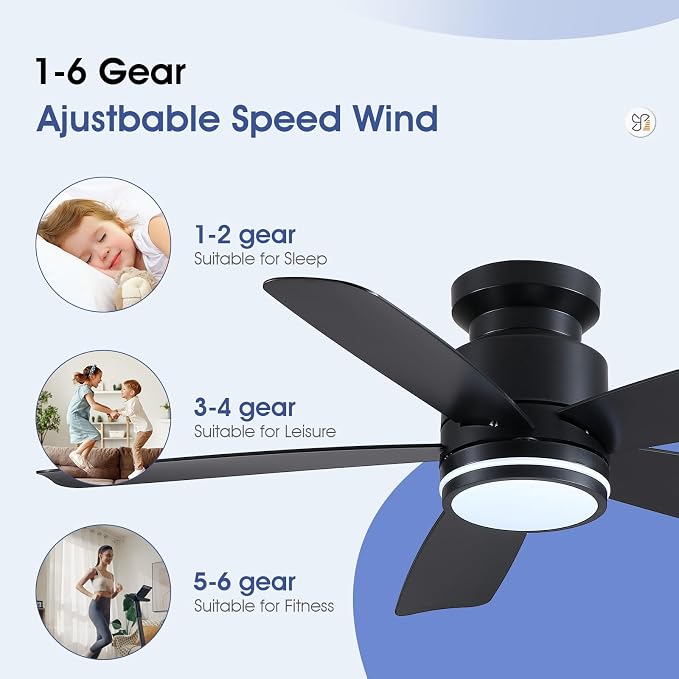 Wiviniya 46 Inch Black Flush Mount Ceiling Fan with Light, 5 Blades Reversible Fan, 6-Speed & 2-Hour Timer, Remote Control, 3 CCT Dimmable for Living Room Bedroom