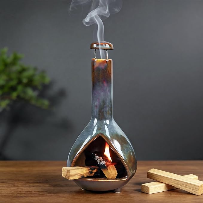 MOUGIGI Premium Ceramic Palo Santo Holder & Smudge Bowl-Mini Chiminea| Multi-Purpose Burner for Sage Sticks, Incense Cones, Copal & Candles|Energy Cleansing, Yoga Meditation Accessories|Anxiety Relief