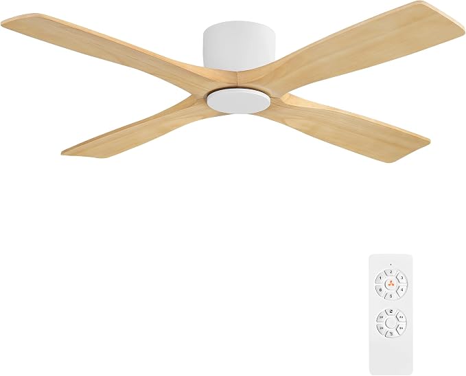 WINGBO 48 Inch Flush Mount DC Ceiling Fan without Lights, 4 Reversible Carved Wood Blades, 6-Speed Noiseless DC Motor, Hugger Ceiling Fan No Lights in White Finish with Oak Blades, ETL Listed