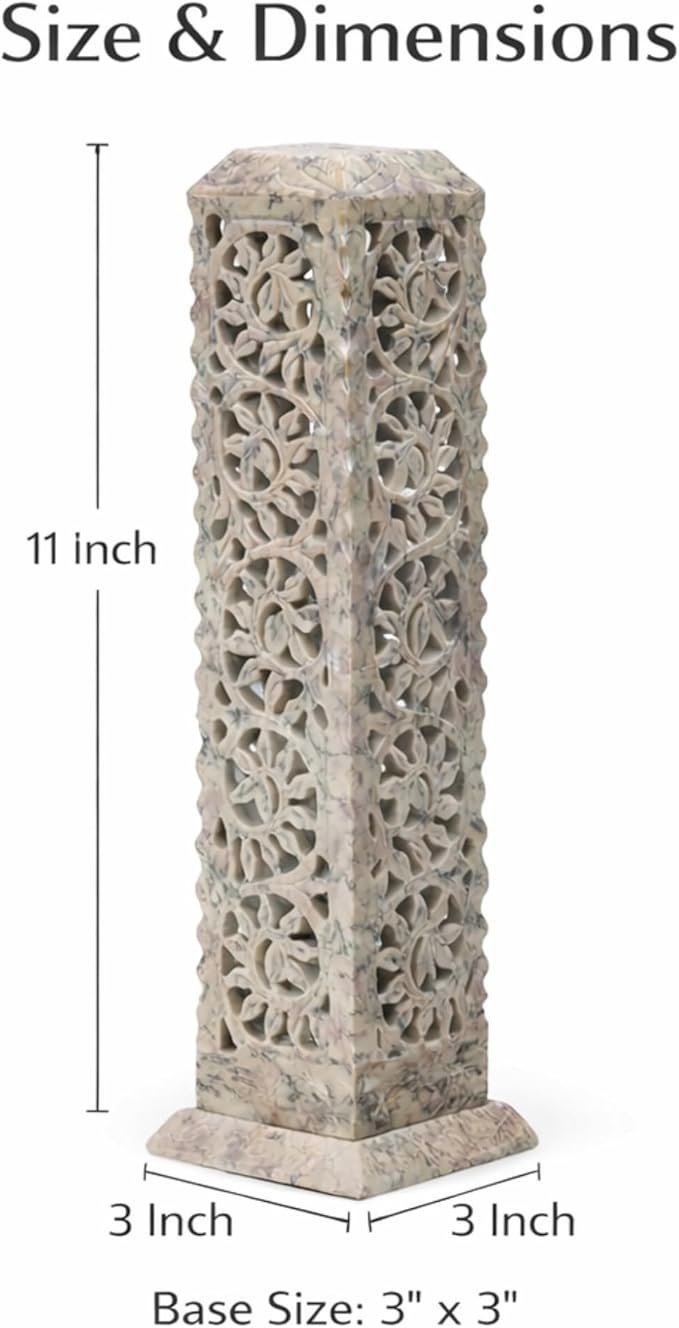 Carry Me Handmade Marble Soapstone Incense Stick Burner | Candle Stick Holder | Tea Light Stand - Perfect Incense Tower for Gifting. Decorative Home and Kitchen Decor (3 x 3 x 11 Inches)