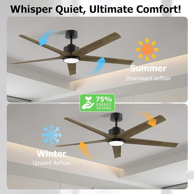 60 Inch Ceiling Fan with Lights, Outdoor Wood Silent Ceiling Fans, Modern High CFM Farmhouse Ceiling Fans, Quiet Reversible DC Motor, 5 Blades 6 Speed for Bedroom Living Room Exterior Patios