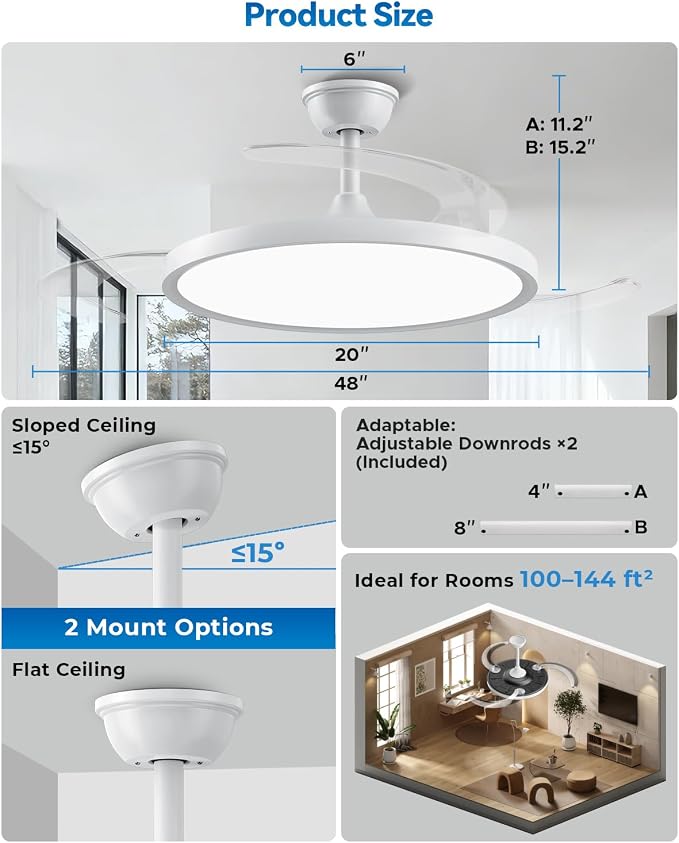 【Larger】48" Retractable Ceiling Fans with Lights, Fandelier Ceiling Fan with Light and Remote, Reversible, 3 CCT, Dimmable, Slim Modern Chandelier for Bedroom, Living Room, Dining Room (White)