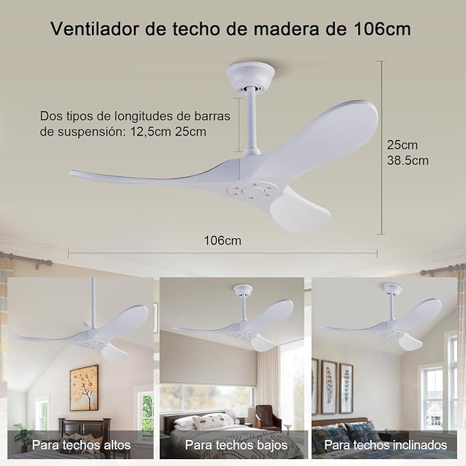Ceiling Fans without Lights, 42 Inch Ceiling Fans no Lights with Remote Control, 3 Solid Wood Blades Indoor Outdoor Ceiling Fan for Bedroom Patios Kitchen (White Blades)