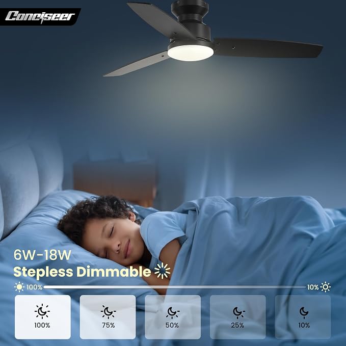 Conciseer 42 Inch Ceiling Fans with Lights and Remote, Bedroom Living Room Office, Flush Mount, 6CCT Dimmable, Dual Color 3 Blades, 6 Speed Reversible Quiet DC Motor, Black/Wood Grain, 2 Pack