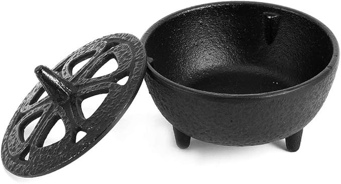 Vintage Tripod Incense Burner Holder with Lid, Cast Iron Incense Holder Metal Cauldron Censer Antique Cone Coil Incense Burner Holder for Incense Resins, Charcoal, Cones or Wax Melts