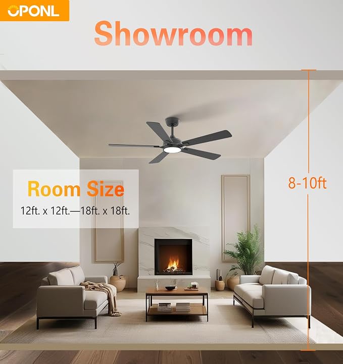 OPONL Ceiling Fan with Light, Ceiling fan with Light and Remote Control, Reversible, 6CCT, Dimmable, Noiseless, Ceiling Fan for Bedroom, Indoor/Outdoor Use, Black, 52 inch, Classic