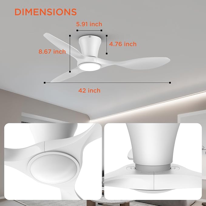 TALOYA Ceiling Fans with Lights,42 inch Modern Low Profile Ceiling Fan with Light and Remote Control, Flush Mount, 3CCT, White Ceiling Fan for Bedroom Living Room and Patio