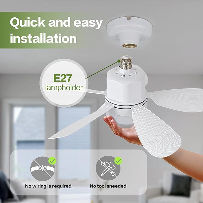 Socket Fan Light with Remote Control, Portable Small Ceiling Fan with Lights for Bedroom, Kitchen, Living Room, with Dimming Function, 1000 Lumens, Screws into E26/E27, 16.54 Inches Diameter
