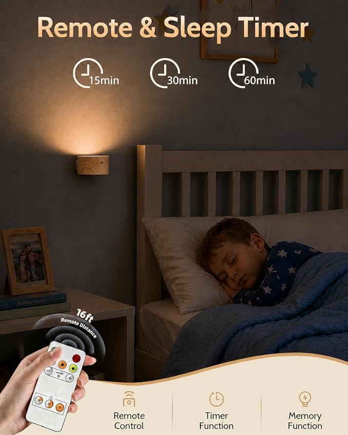 LED Wall Mounted Lights, Rechargeable Wall Sconces, 3 Color Temps, Remote & Touch, 360° Rotating and Dimmable for Bedroom, Bedside & Reading (Wood, 1 Pack)