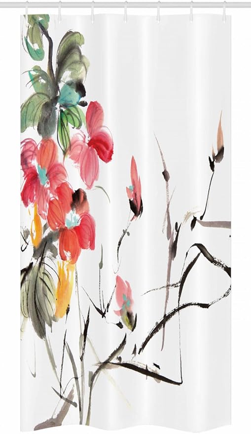 Ambesonne Japanese Stall Shower Curtain, Popular Early Period Watercolors Print with Vivid Floral Motifs Art Picture, Fabric Bathroom Decor Set with Hooks, 36" W x 72" L, Coral Green