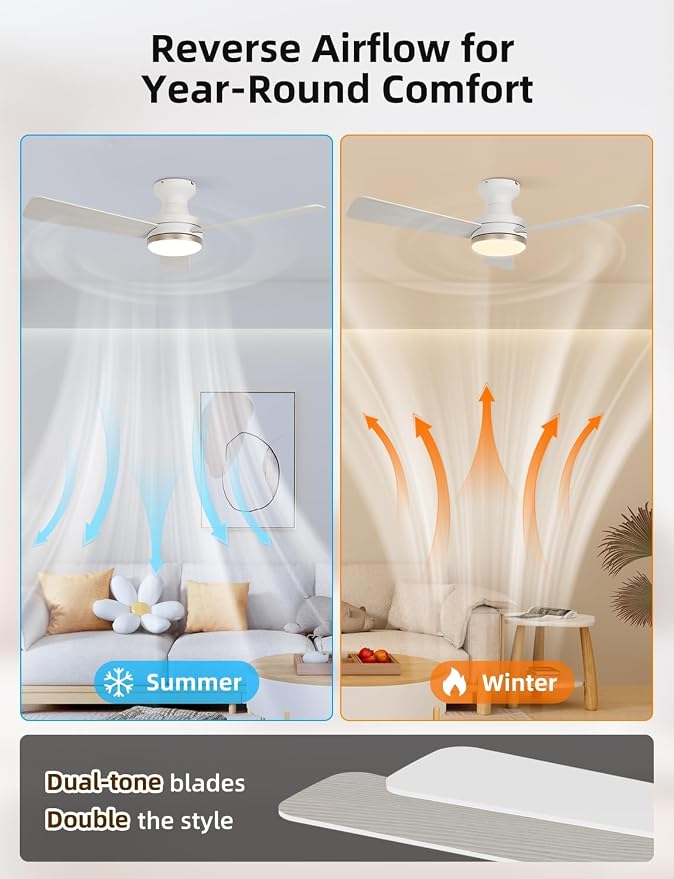 42" RGB Ceiling Fan with Light, Music Sync Smart Fan Works with Alexa/Google Assistant/App Control, Low Profile Flush Mount, 6-Speed Quiet DC Motor, 4 CCT Dimmable Lighting for Bedroom, Champagne Gold