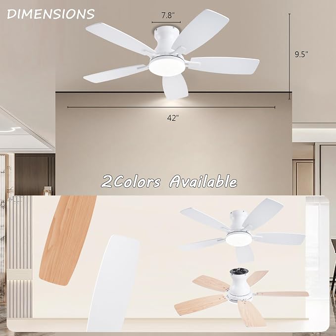 JSAITEE Ceiling Fans with Lights, 42 Inch Low Profile Ceiling Fan with Light and Remote Control, Flush Mount, DC Reversible Motor, Noiseless, White 6 Speeds Ceiling Fan for Bedroom