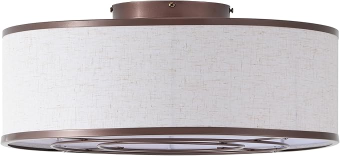 20 Inch Boho Ceiling Fan with Light, Low Profile Flush Mount Caged Ceiling Fan, Bladeless Brown Drum Chandelier with Remote, 6 Speed Reversible DC Motor for Bedroom Living Room, Nursery