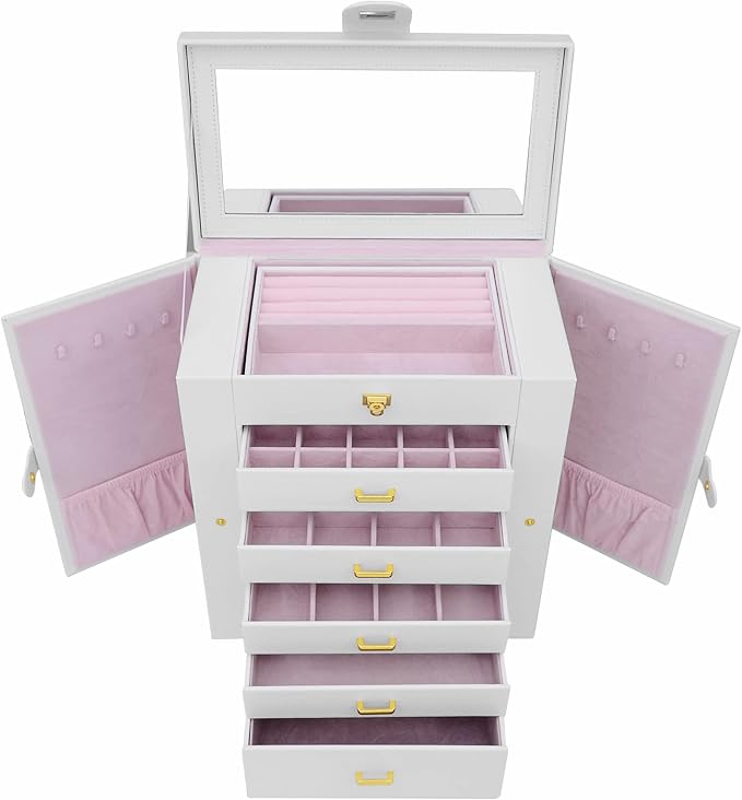 AKOZLIN 6-Tier Jewelry Box Organizer Functional 5 Drawers Leather Jewelry Storage Case for Women Girls Ring Necklace Earring Bracelet Holder Organizer with Mirror Extra Large White