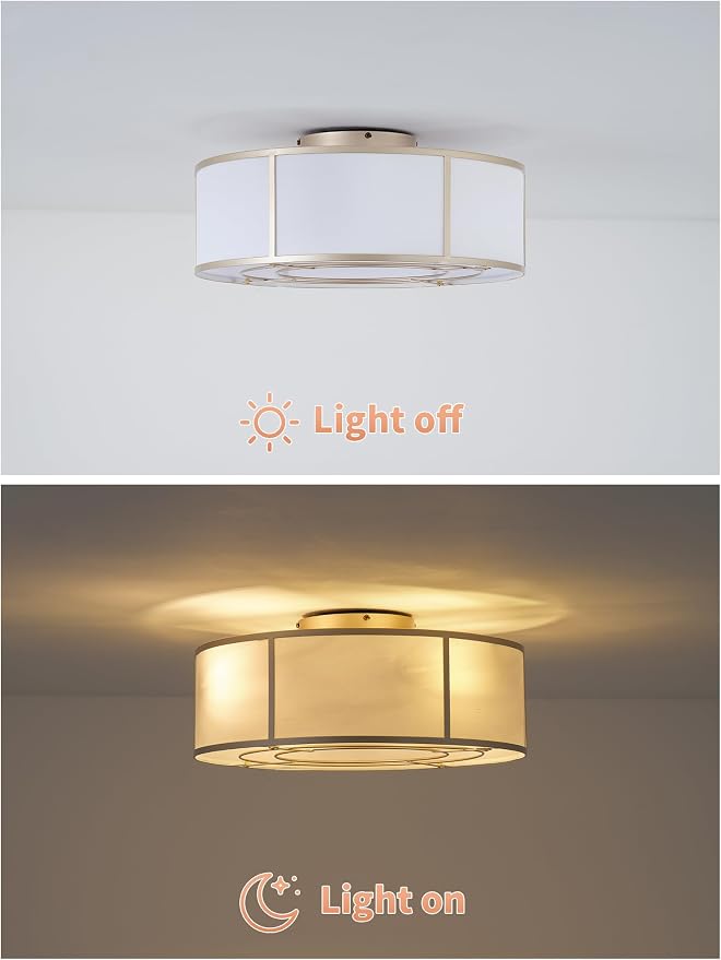 Low Profile Ceiling Fans with Lights, 20" Flush Mount Ceiling Fan with Light, Gold and White Boho Bladeless with 6 Speeds Remote Control for Bedroom, Nursery, Living Room