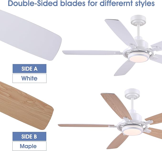 SHIHOT 54" White Modern Ceiling Fans with Lights&Remote for Bedroom Kitchen | 6 Wind Speeds, Reversible, Dimmable 3 Light Colors LED Light, 30W Noiseless DC Motor,5 Double-Sided Blades,2H Timer