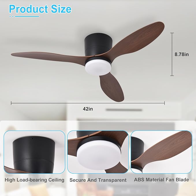 Depuley Flush Mount Ceiling Fan: 42-Inch Black Ceiling Fans with Lights for Bedroom Indoor Outdoor - Low Profile Ceiling Fans with Remote Control 24W 3CCT Dimmable 3 Reversible Walnut Blades 6 Speeds