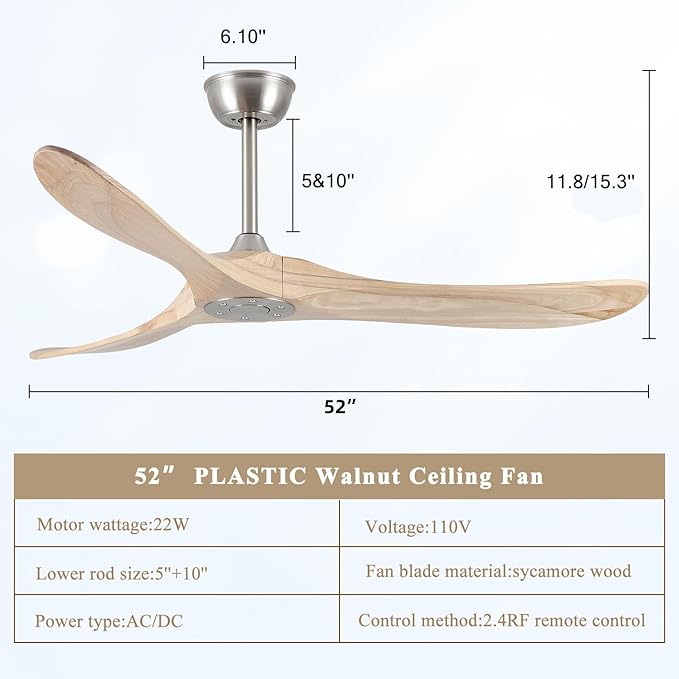52" Modern Ceiling Fan, No Light, 6-Speed, Reversible, Timed Shutdown, DC Motor, Natural Wood 3 Blade, Porch, Bedroom, Living Room