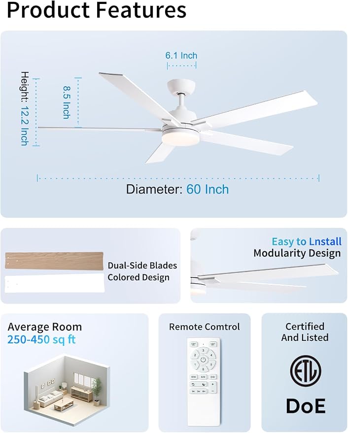 Rayqueen 60 Inch White Ceiling Fans with Lights and Remote,Includes Downrod | 6 Speed Reversible DC motor,3-color temperature dimmable LED.For indoor/covered outdoor.Modern style for bedroom room