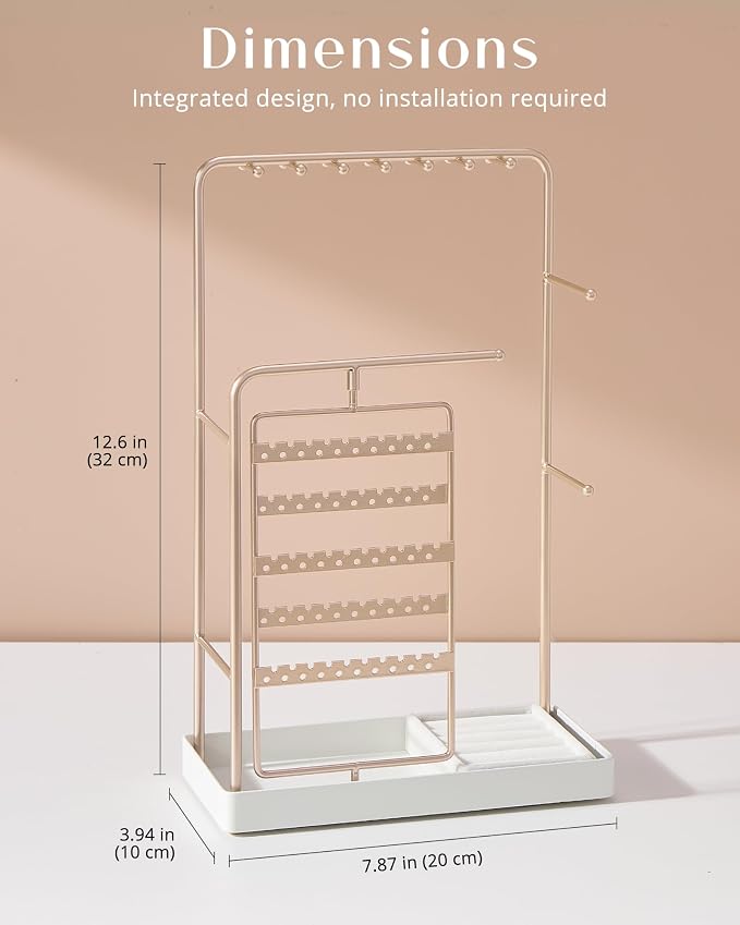 ProCase Jewelry Stand Holder Organizer and Storage, Champagne (No-Assembly) | Rotating Earring Bracelet Holder Storage, Hanging Jewelry Display Velvet Ring Tray, Teen Girls Birthday Gifts Room Dorm Decor