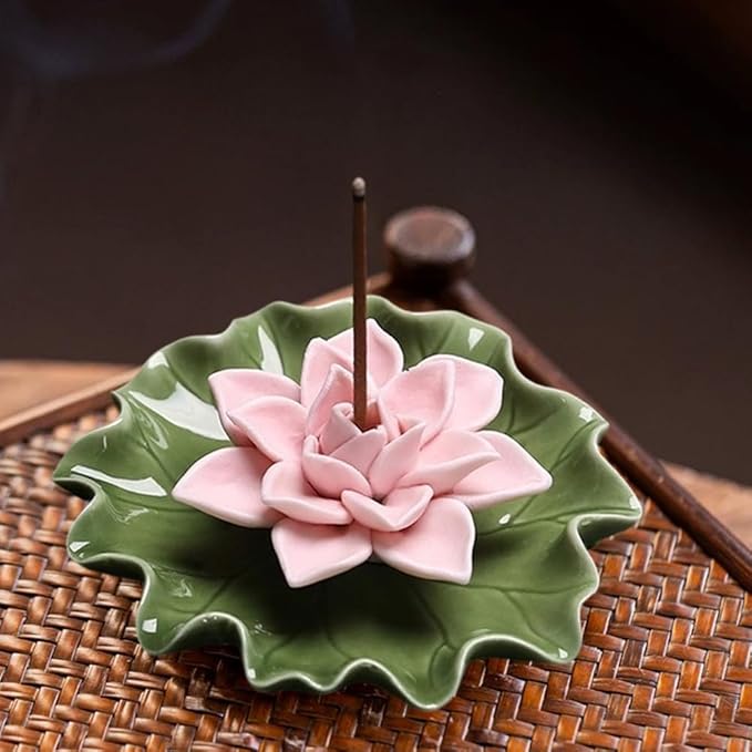 CREATCABIN Lotus Ceramic Incense Holder Incense Burner Stick Detachable Ash Catcher Lotus Leaf Burners Tray for Sticks Home Yoga Teahouse Zen Buddhist Altar Purify Spiritual Supplies Pink 3.54 Inch