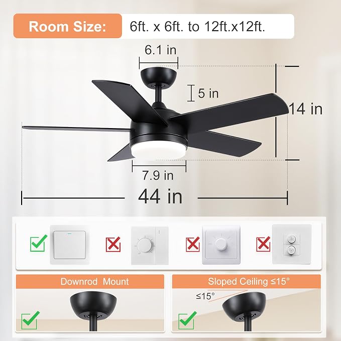 YUHAO 44 Inch Black Ceiling Fan with Light and Remote Control.Noiseless,Dimmable,3CCT,6 Speeds Reversible, DC Ceiling Fans for Indoor or Covered Outdoor Use.ETL Listed