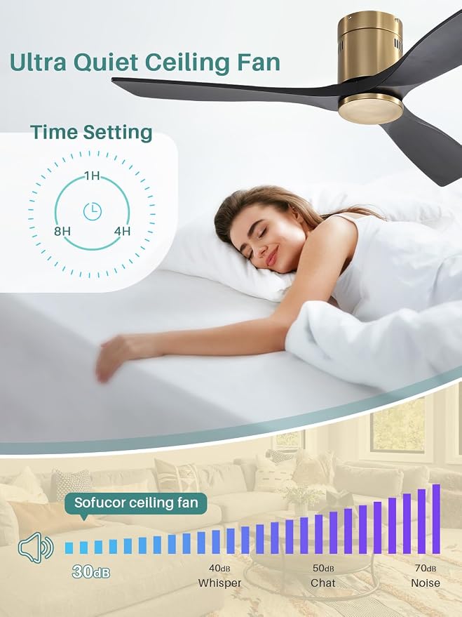 Sofucor 52 Inch Solid Wood Ceiling Fan Without Lights Flush Mount Ceiling Fans with Remote Control-Wood Blades Modern Outdoor Ceiling Fan No Light for Bedroom/Farmhouse/Patio/Indoor, Black Gold