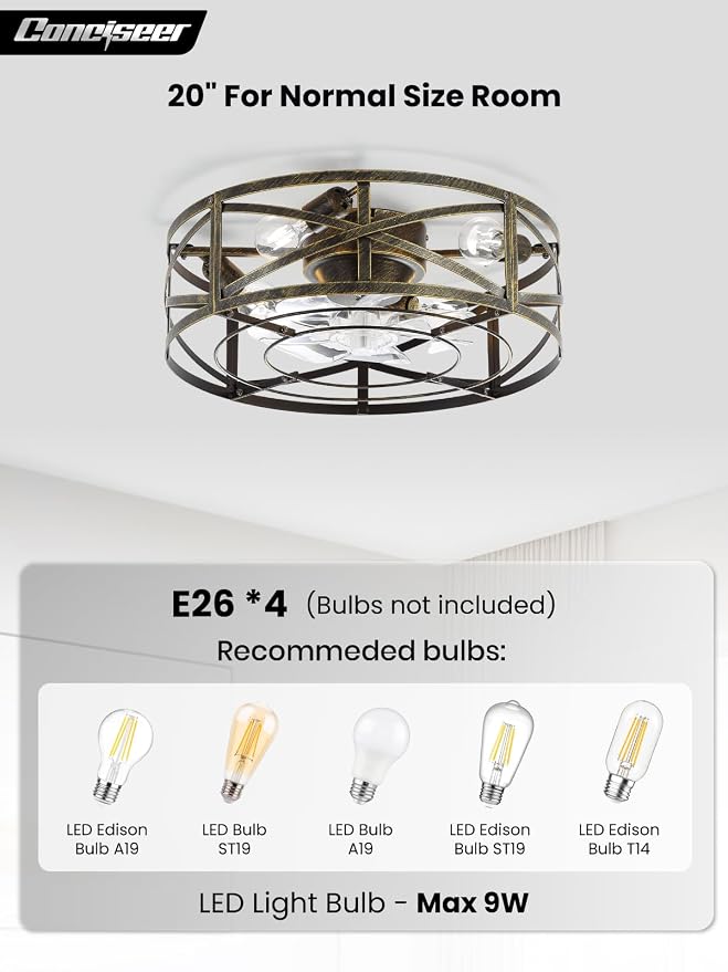 Conciseer 20 Inch Caged Ceiling Fans with Lights and Remote, Flush Mount, Low Profile 7 Blades 6 Speed Reversible Quiet DC Motor for Bedroom, Kitchen and Living Room, Black/Gold Brushed