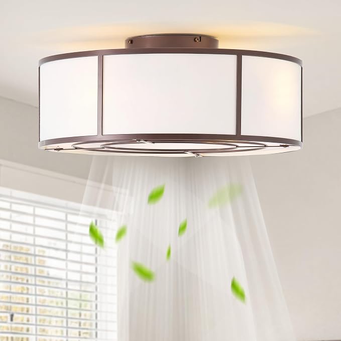 Low Profile Ceiling Fans with Lights, 20" Flush Mount Ceiling Fan with Light, Brown and White Boho Bladeless with 6 Speeds Remote Control for Bedroom, Nursery, Living Room