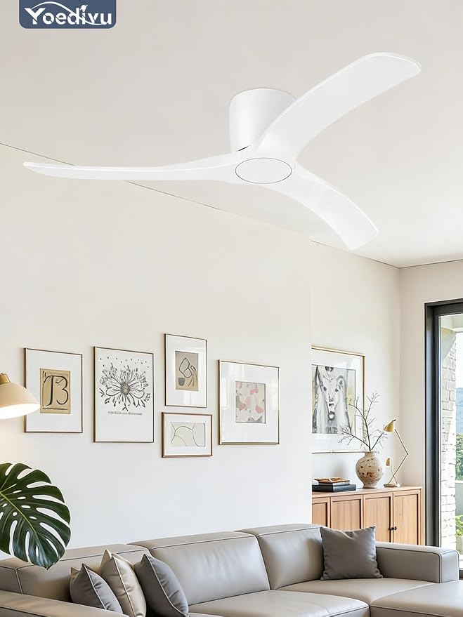 52 Inch Smart Ceiling Fans Without Lights, Low Profile Flush Mount Ceiling Fan with Alexa & Remote Control, 6 Speed Reversible Quiet DC Motor, White Ceiling Fan for Bedroom Living Room Patio