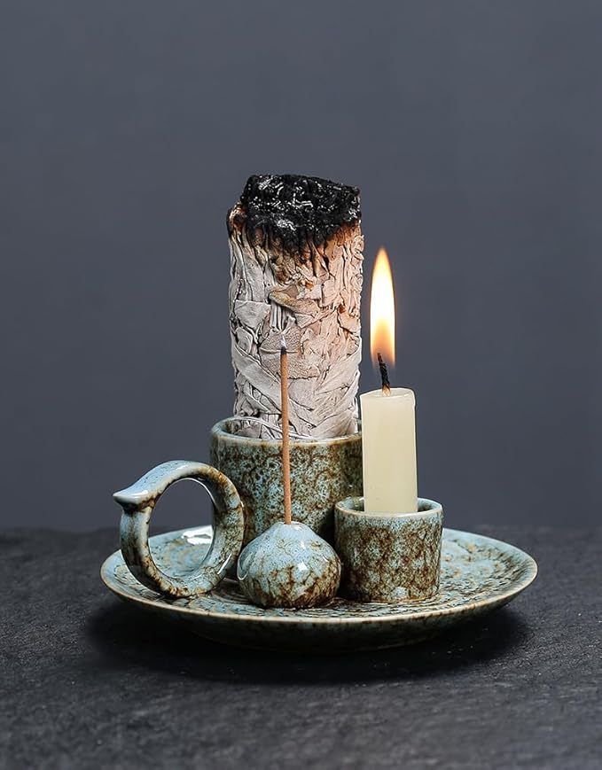 4 in 1 Ceramic Incense Burner Sage Burner with Handle, Sage Holder for Burning Sage, Palo Santo Stick, Joss Sticks and Candle, Ideal for New House, Office, Yoga and Meditation Room