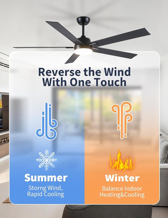 Rayqueen 60 Inch Black Ceiling Fans with Lights and Remote,Includes Downrod | 6 Speed Reversible DC motor,3-color temperature dimmable LED.For indoor/covered outdoor.Modern style for bedroom room