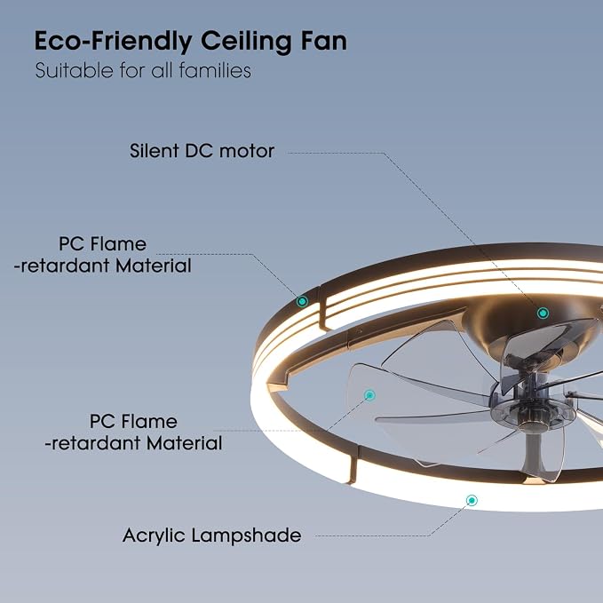 LUDOMIDE 24 Inch Ceiling Fans with Lights and Remote, Modern Low Profile Ceiling Fan, Dimmable LED Light, Quite Reversible DC Motor, 6 Wind Speeds Flush Mount Ceiling Fans for Bedroom Indoor