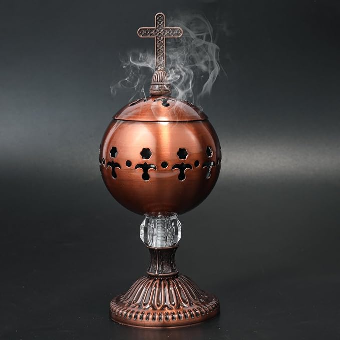 Nazareth Store Incense Burner Charcoal Polished Brass Censer Christian Church Incense Holder Incense Cones Cross 7.9" Aromatherapy Fragrance Ornament (Bronze)
