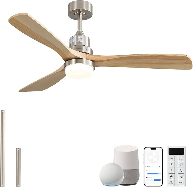 Sofucor 52 Inch Smart Ceiling Fan with Light, Indoor/Outdoor Ceiling Fans with Lights and Remote, Work with Alexa/Google, Quiet DC Motor, Solid Wood 3 Blade Ceiling Fans for Bedroom Living Room Patio